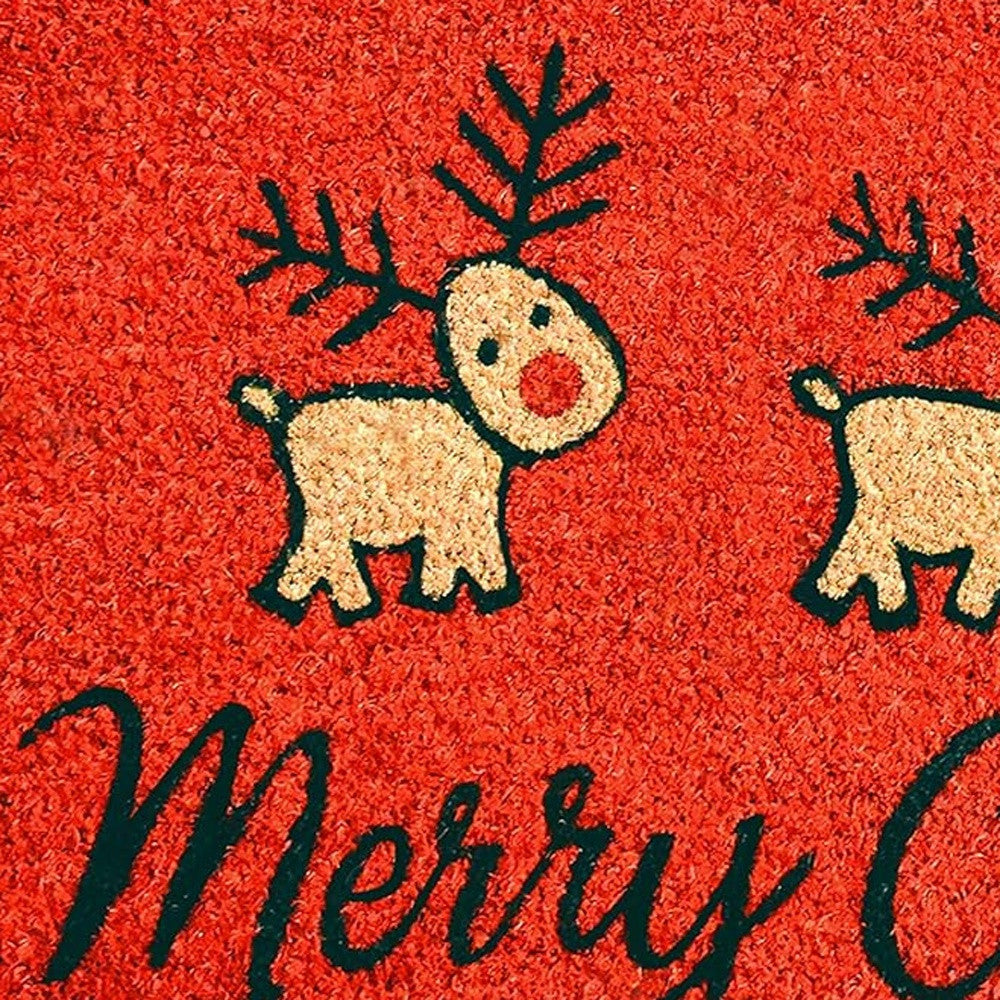 24" X 36" Red and Black Coir Reindeer Merry Christmas Outdoor Christmas Door Mat