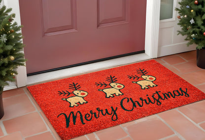 24" X 36" Red and Black Coir Reindeer Merry Christmas Outdoor Christmas Door Mat