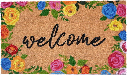 24" X 36" Natural and Black Coir Floral Welcome Outdoor Door Mat