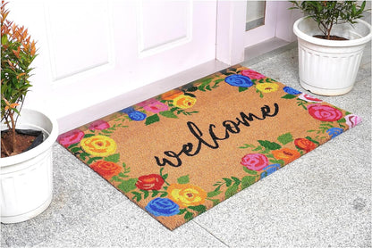 24" X 36" Natural and Black Coir Floral Welcome Outdoor Door Mat