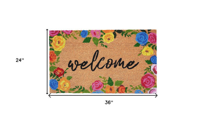 24" X 36" Natural and Black Coir Floral Welcome Outdoor Door Mat