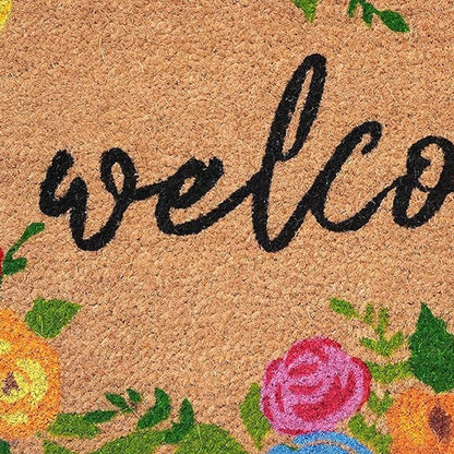 24" X 36" Natural and Black Coir Floral Welcome Outdoor Door Mat