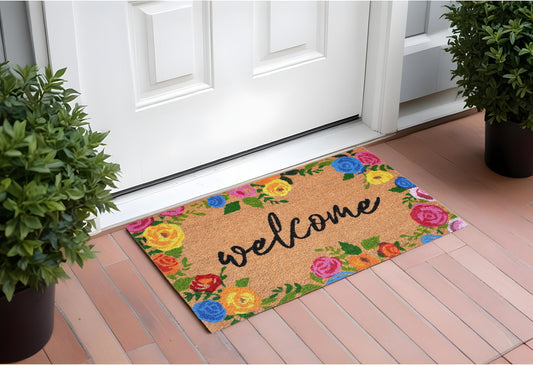 24" X 36" Natural and Black Coir Floral Welcome Outdoor Door Mat