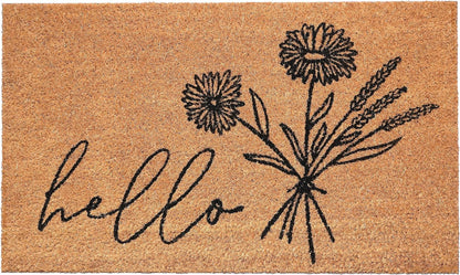 24" X 36" Natural and Black Coir Floral Hello Outdoor Door Mat