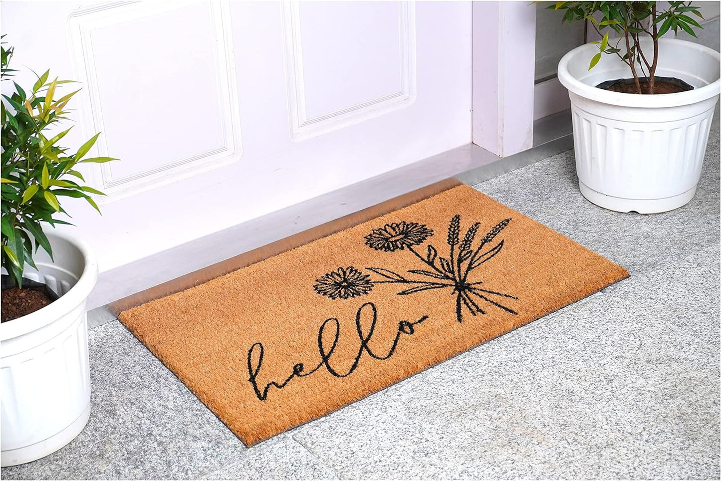 24" X 36" Natural and Black Coir Floral Hello Outdoor Door Mat