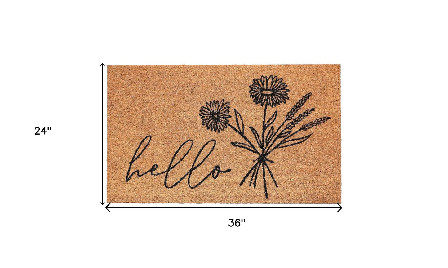 24" X 36" Natural and Black Coir Floral Hello Outdoor Door Mat