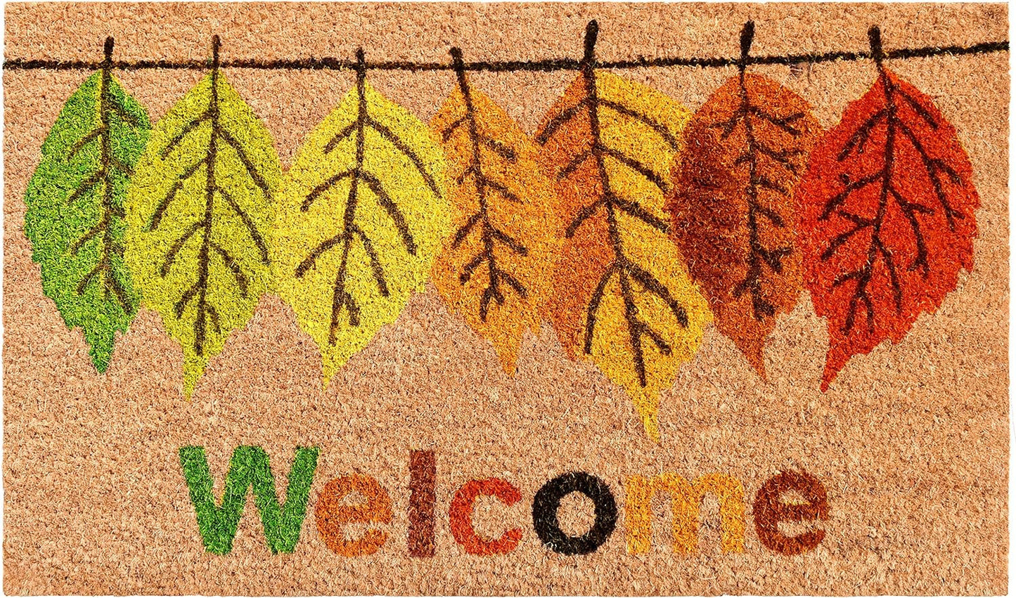 17" X 29" Natural Green and Orange Coir Botanical Leaves Welcome Outdoor Fall Door Mat