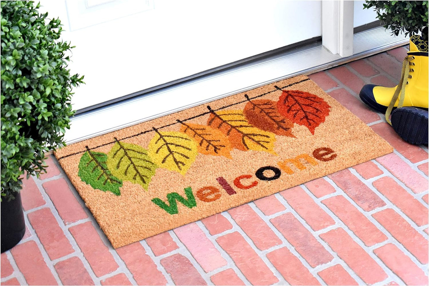 17" X 29" Natural Green and Orange Coir Botanical Leaves Welcome Outdoor Fall Door Mat