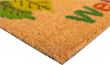 17" X 29" Natural Green and Orange Coir Botanical Leaves Welcome Outdoor Fall Door Mat