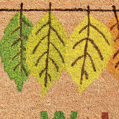 17" X 29" Natural Green and Orange Coir Botanical Leaves Welcome Outdoor Fall Door Mat