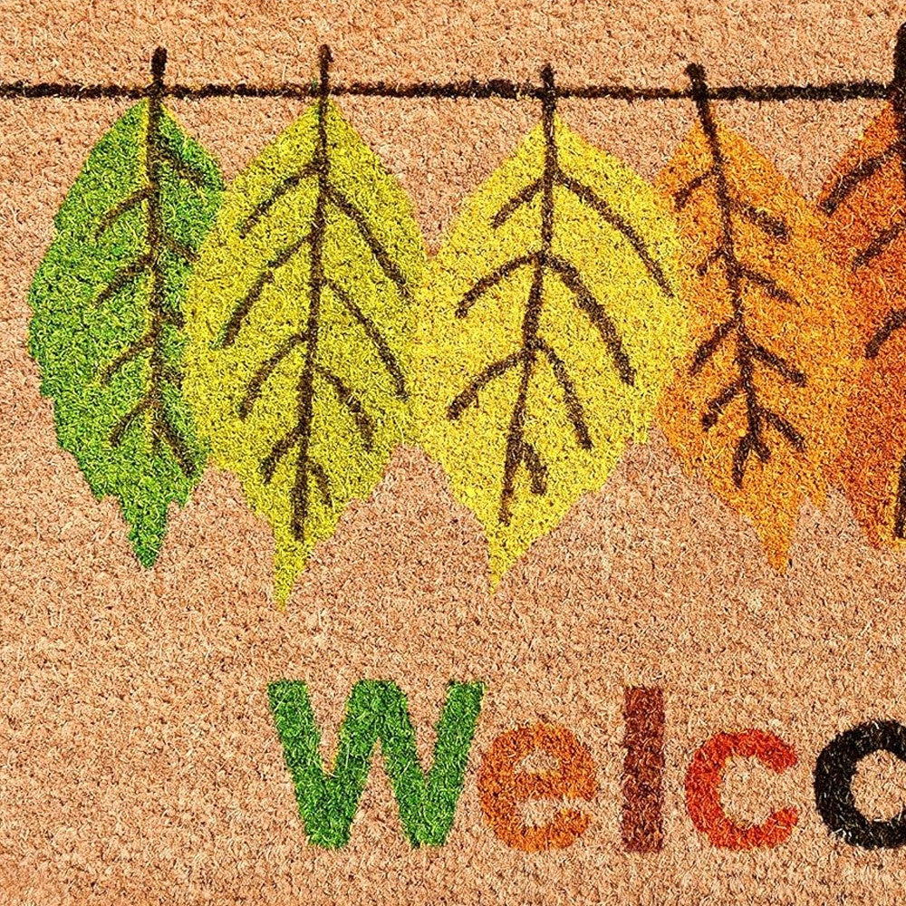 17" X 29" Natural Green and Orange Coir Botanical Leaves Welcome Outdoor Fall Door Mat