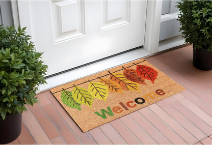 17" X 29" Natural Green and Orange Coir Botanical Leaves Welcome Outdoor Fall Door Mat