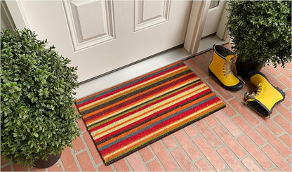 17" X 29" Red Orange and Natural Coir Striped Outdoor Door Mat