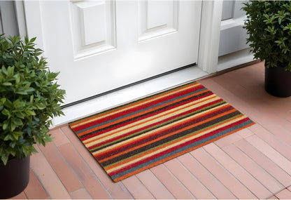 17" X 29" Red Orange and Natural Coir Striped Outdoor Door Mat