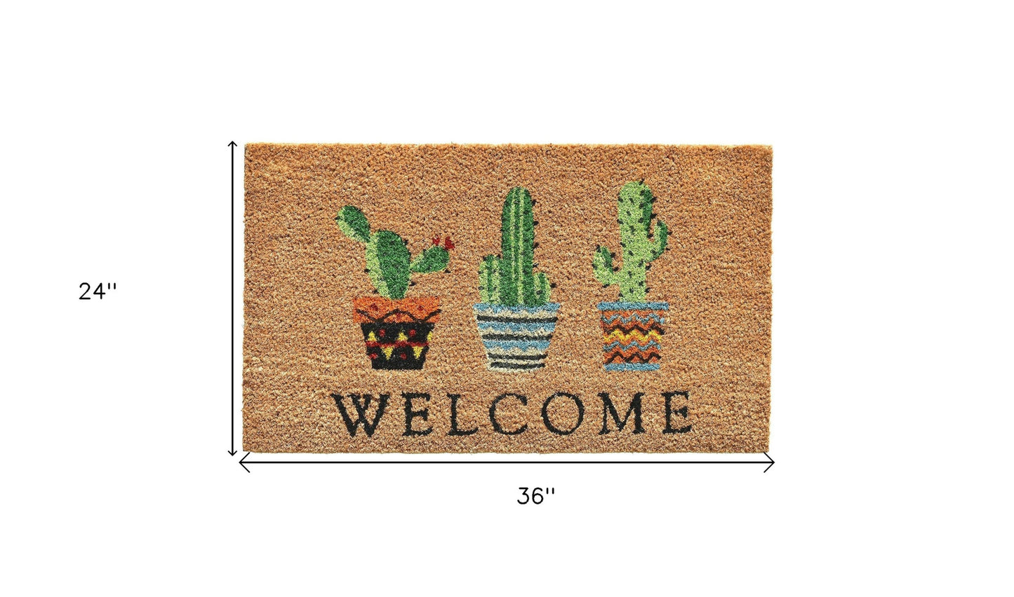 24" X 36" Natural Green and Black Coir Cactus Welcome Outdoor Door Mat