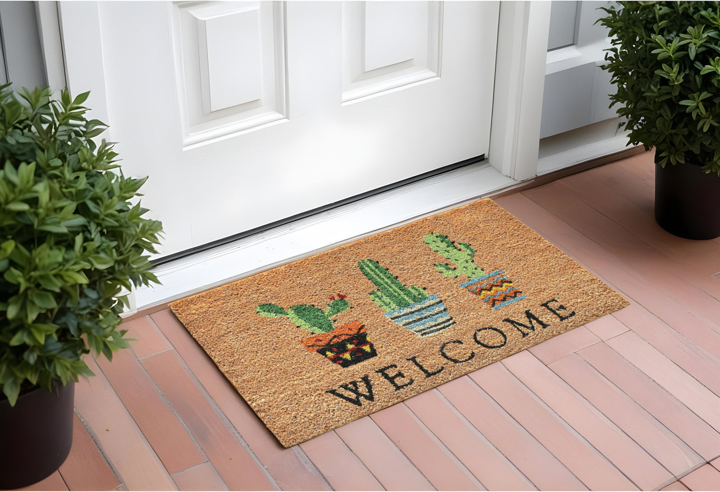 24" X 36" Natural Green and Black Coir Cactus Welcome Outdoor Door Mat