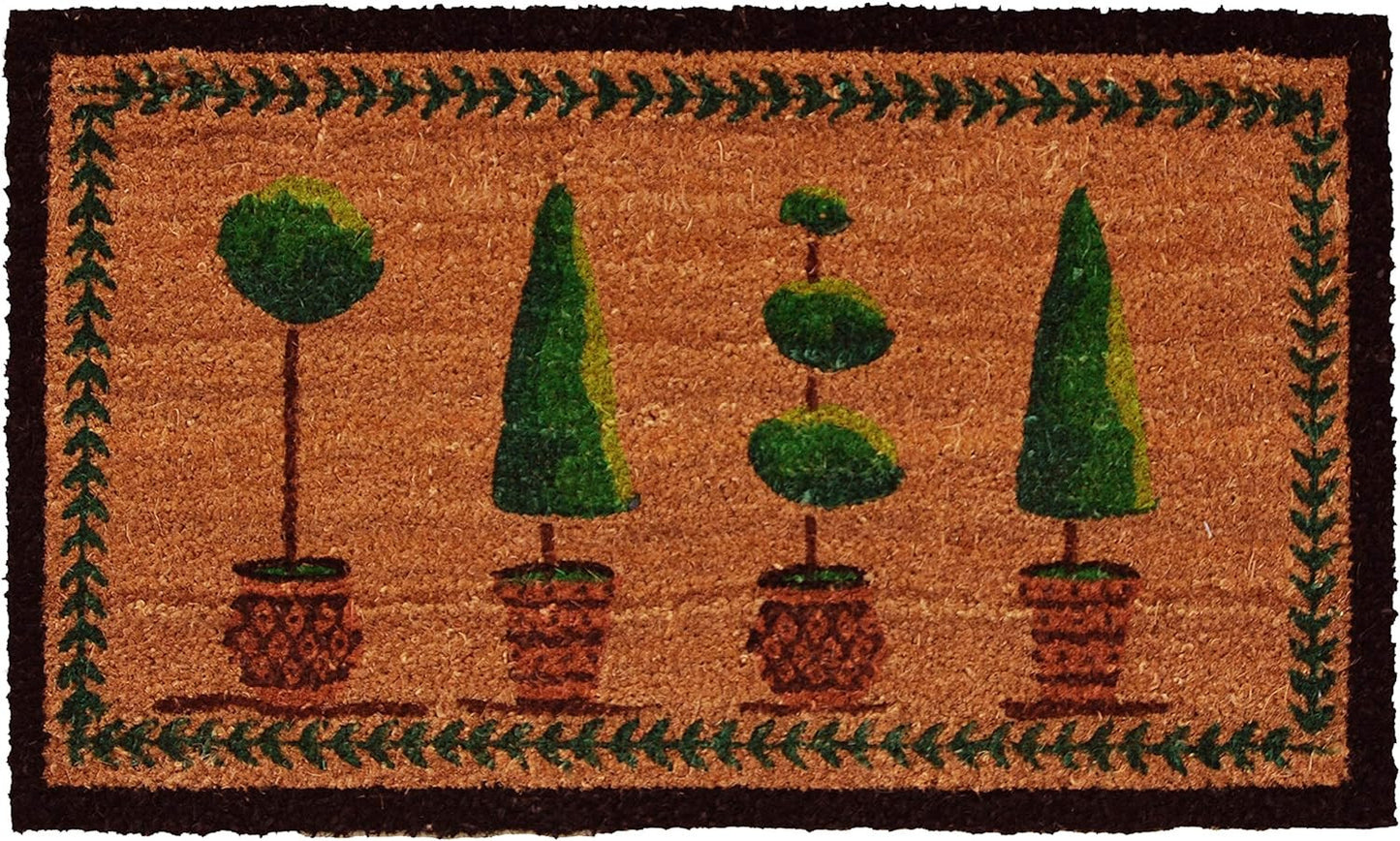 17" X 29" Natural and Green Coir Topiary Outdoor Door Mat