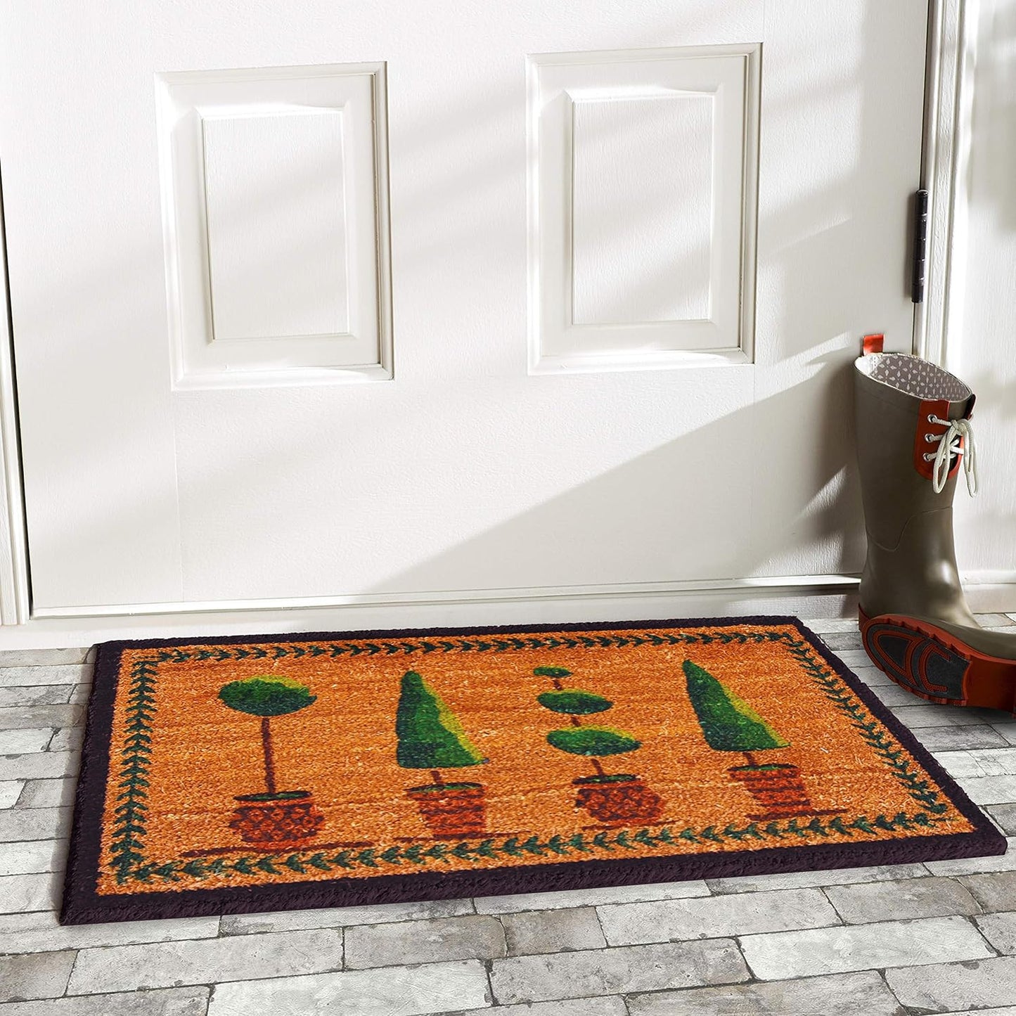 17" X 29" Natural and Green Coir Topiary Outdoor Door Mat