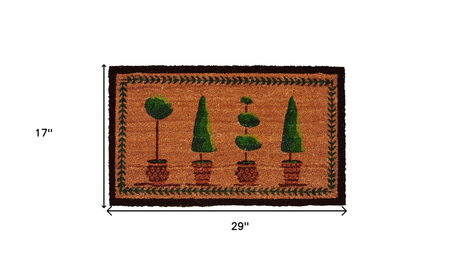 17" X 29" Natural and Green Coir Topiary Outdoor Door Mat