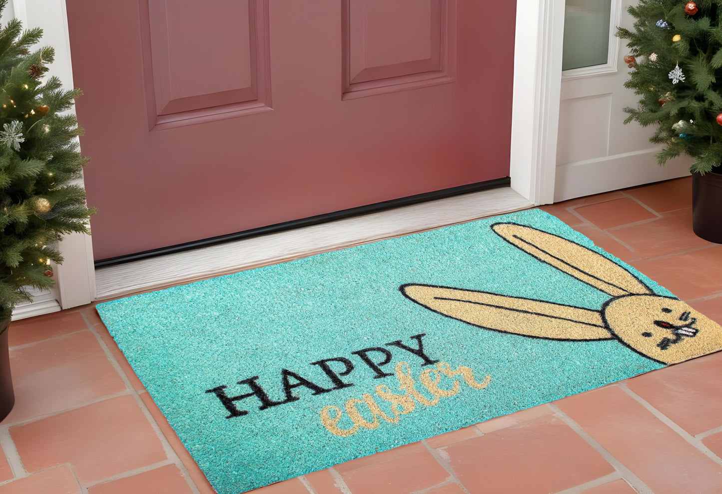 17" X 29" Aqua and Natural Coir Happy Easter Outdoor Easter Door Mat