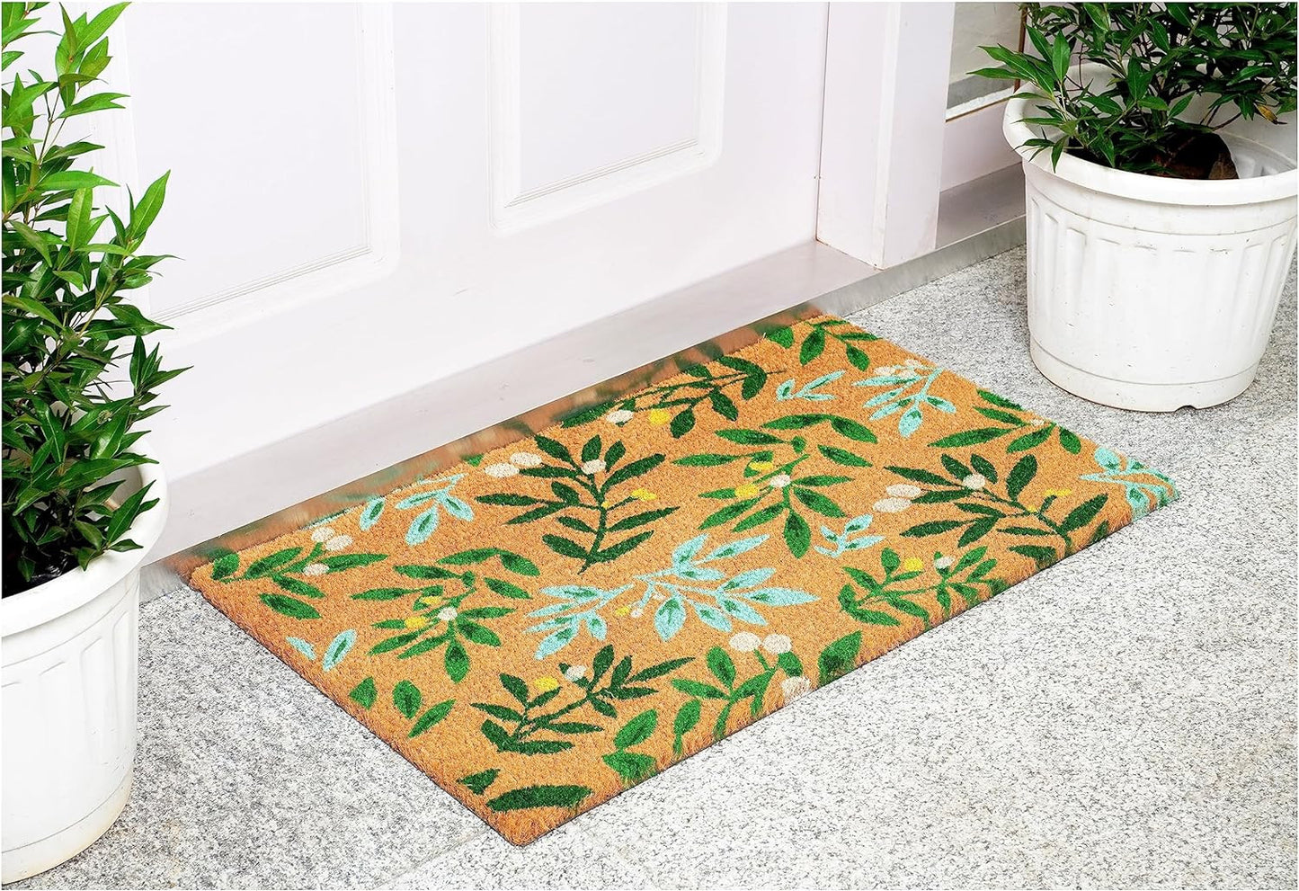 17" X 29" Natural and Green Coir Botanical Leaves Outdoor Door Mat