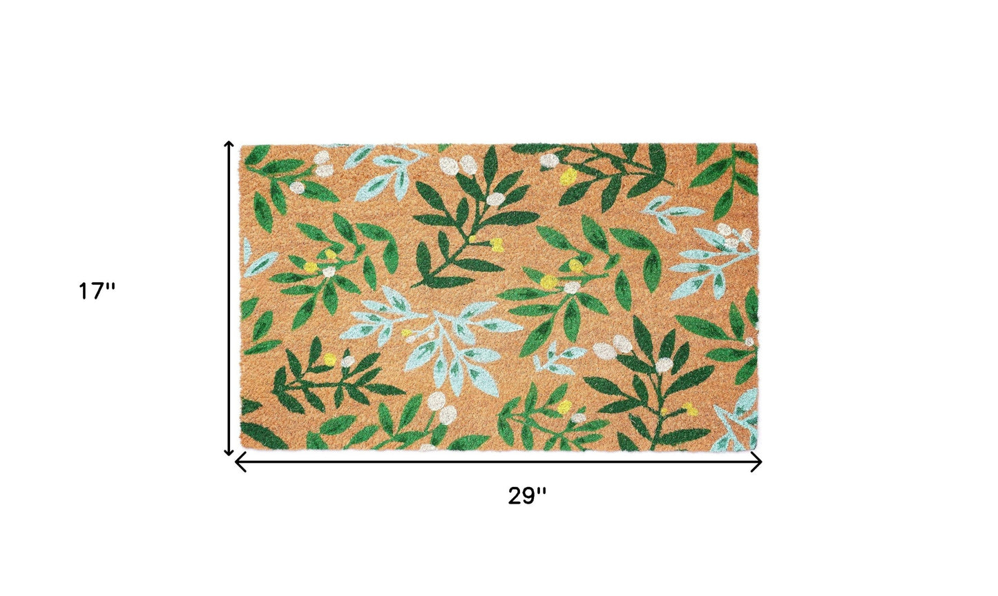 17" X 29" Natural and Green Coir Botanical Leaves Outdoor Door Mat