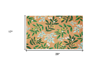 17" X 29" Natural and Green Coir Botanical Leaves Outdoor Door Mat