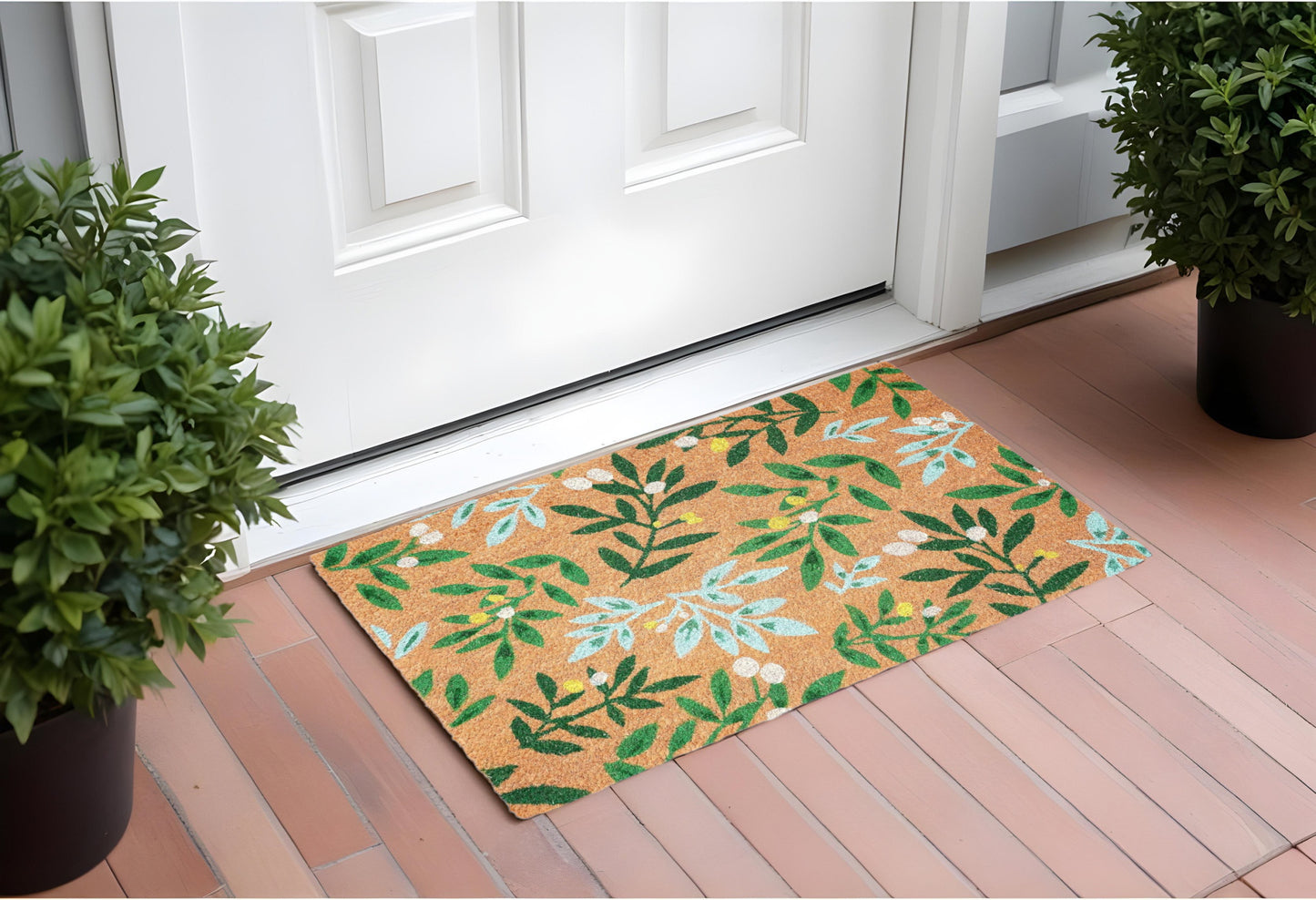 17" X 29" Natural and Green Coir Botanical Leaves Outdoor Door Mat