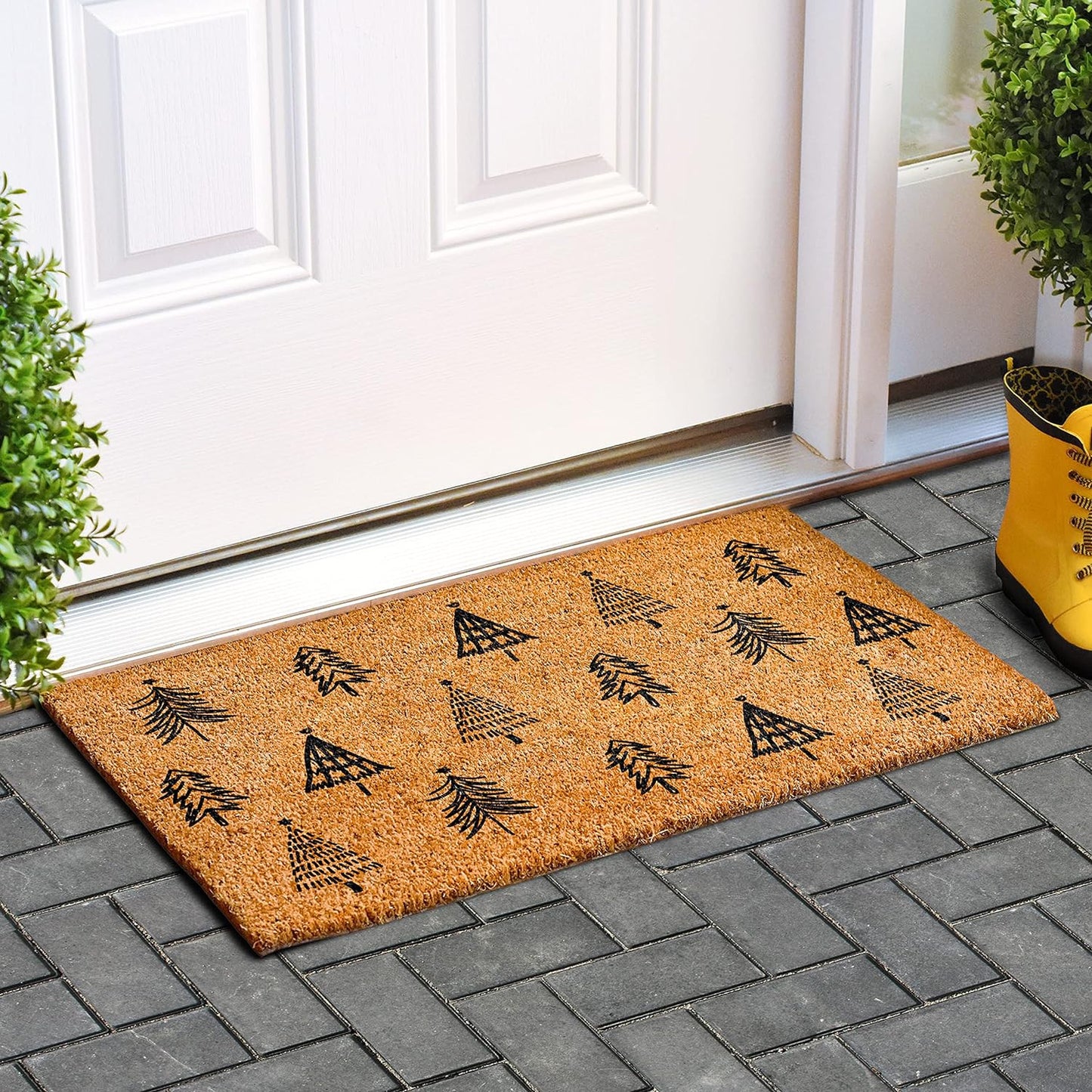 17" X 29" Natural and Black Coir Floral Welcome Outdoor Door Mat