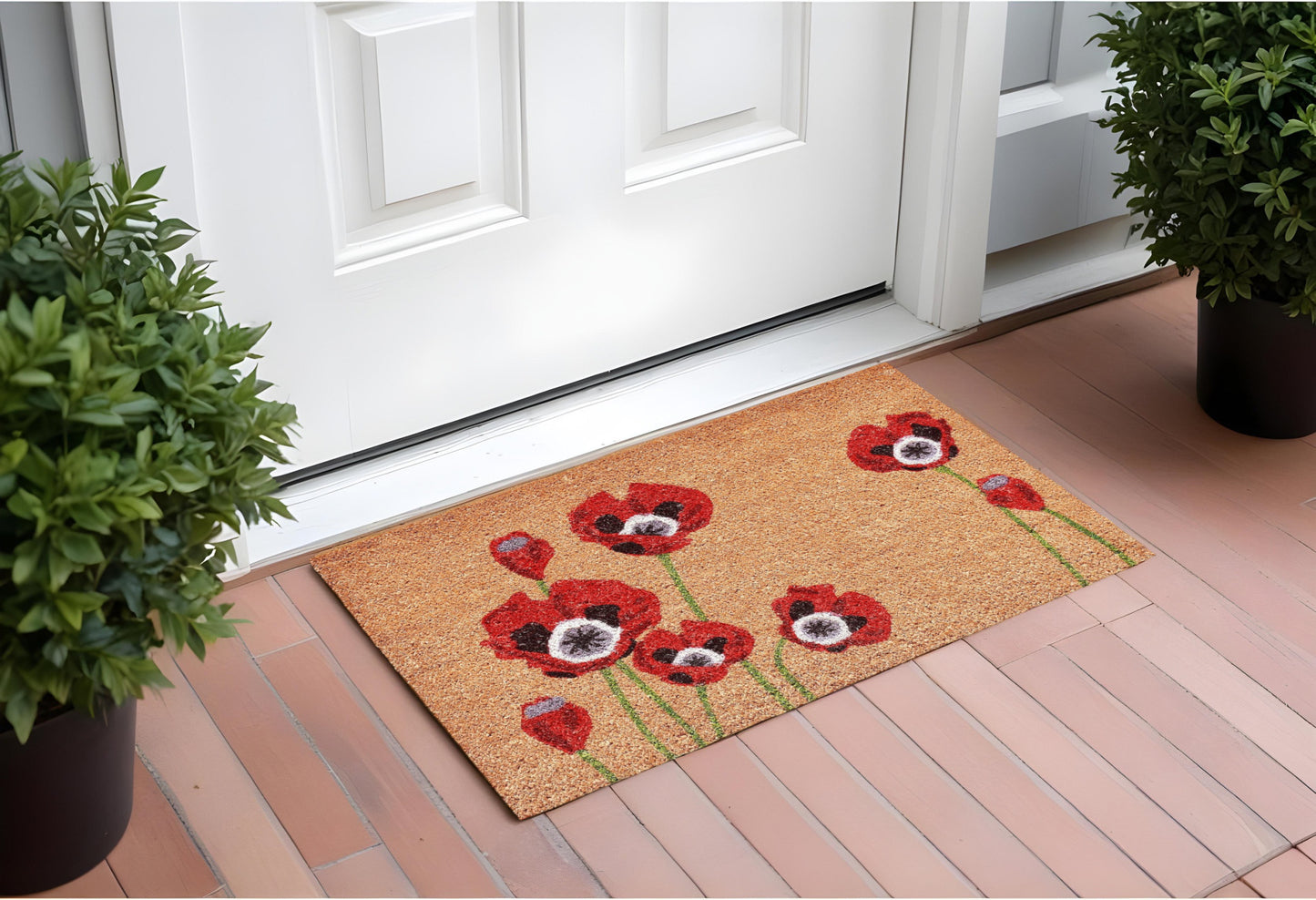 17" X 29" Natural Red and Black Coir Floral Outdoor Door Mat