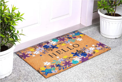 24" X 36" Natural Blue and Purple Coir Floral Hello Outdoor Door Mat