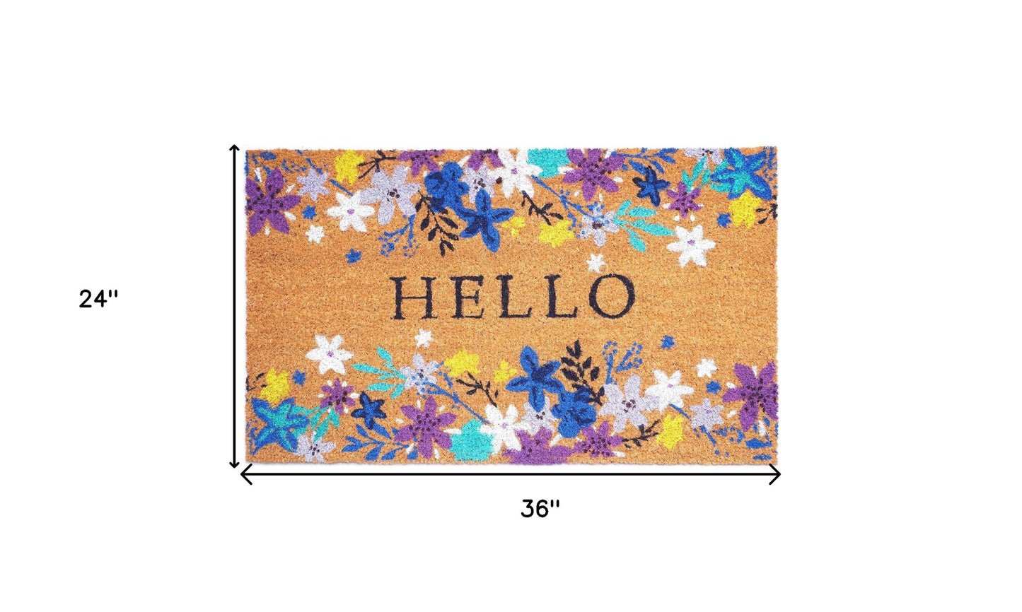 24" X 36" Natural Blue and Purple Coir Floral Hello Outdoor Door Mat