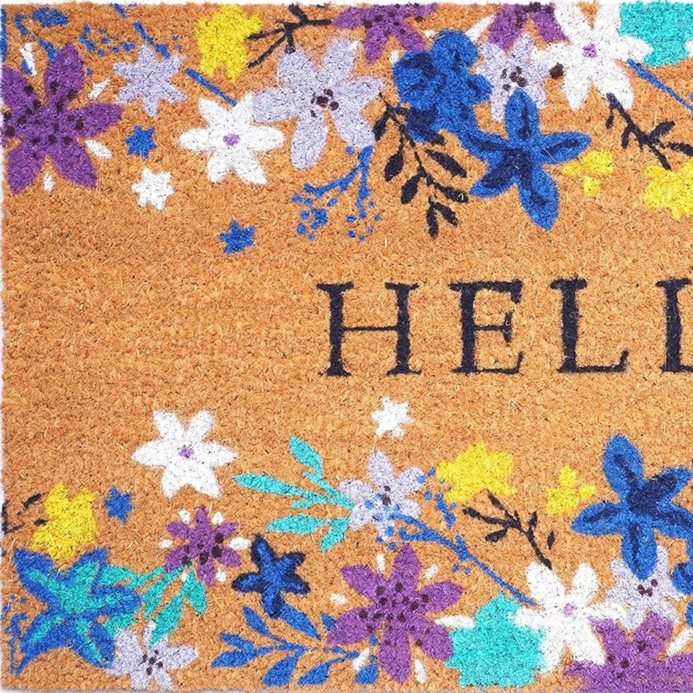 24" X 36" Natural Blue and Purple Coir Floral Hello Outdoor Door Mat