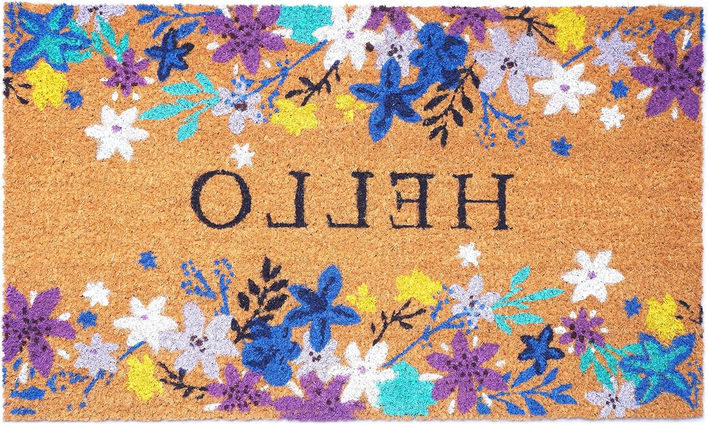 24" X 36" Natural Blue and Purple Coir Floral Hello Outdoor Door Mat