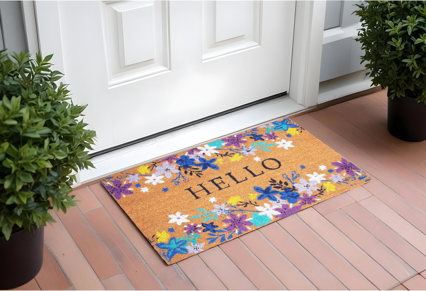 24" X 36" Natural Blue and Purple Coir Floral Hello Outdoor Door Mat