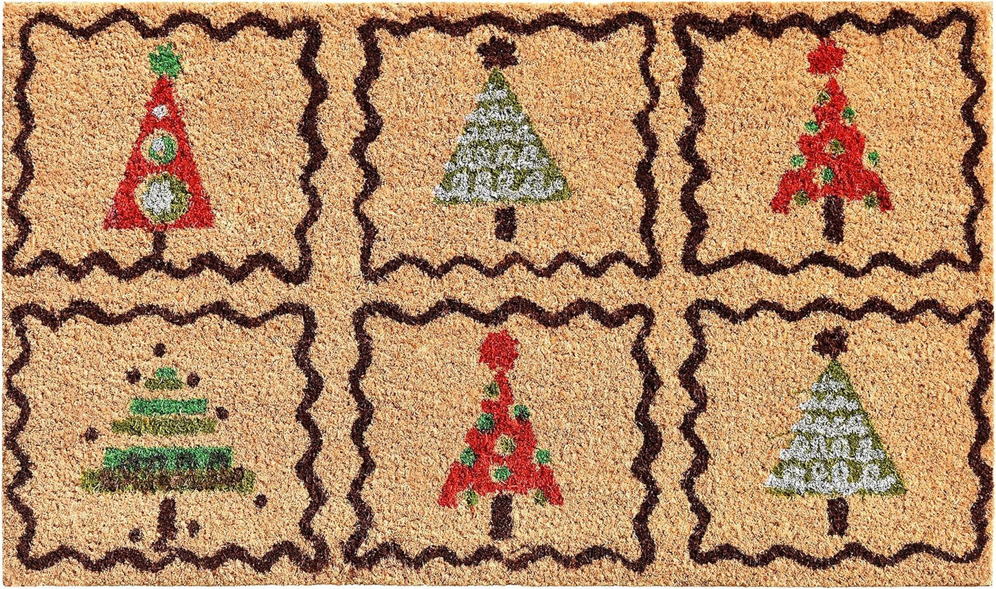 17" X 29" Natural Red and Black Coir Christmas Trees Outdoor Christmas Door Mat