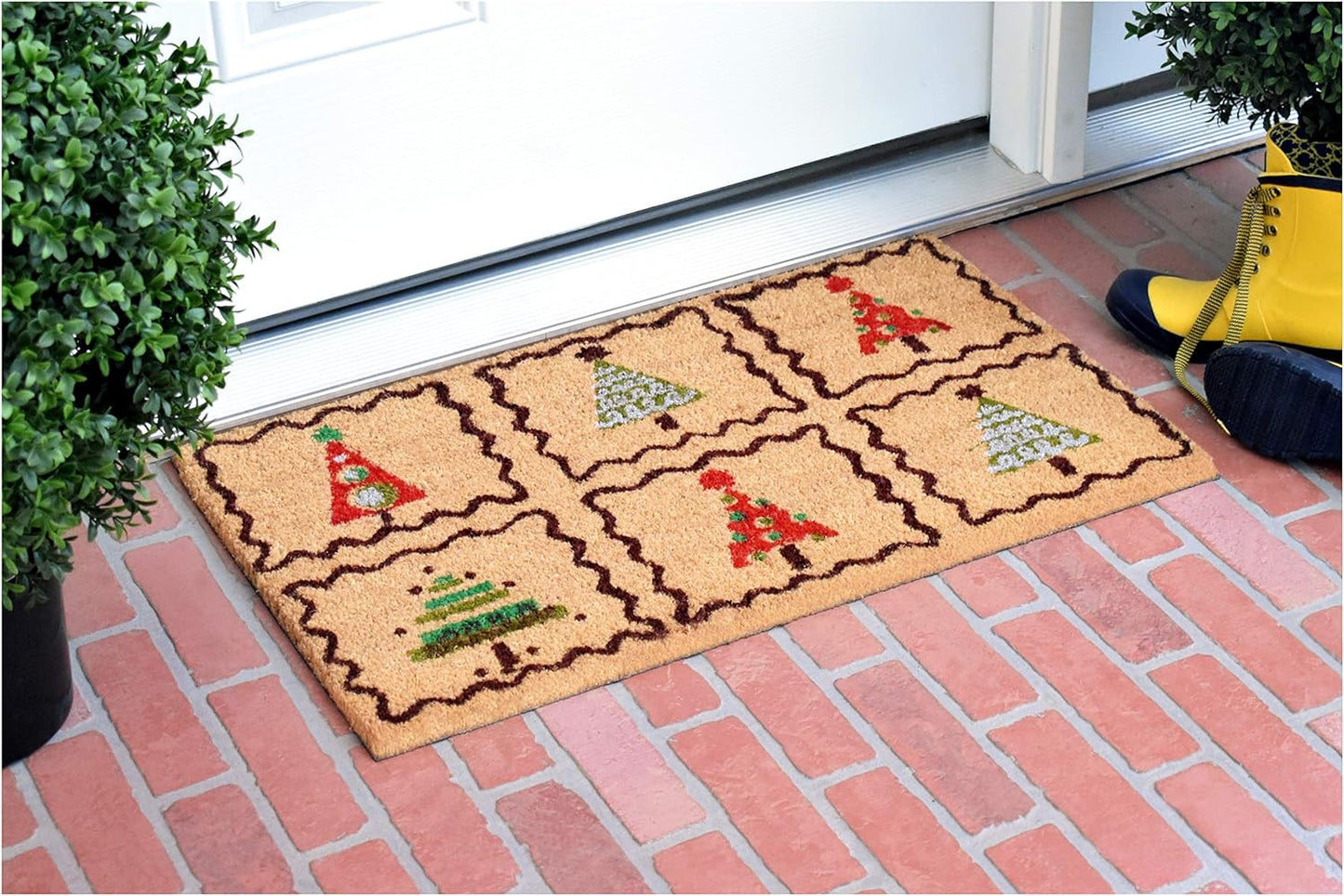 17" X 29" Natural Red and Black Coir Christmas Trees Outdoor Christmas Door Mat