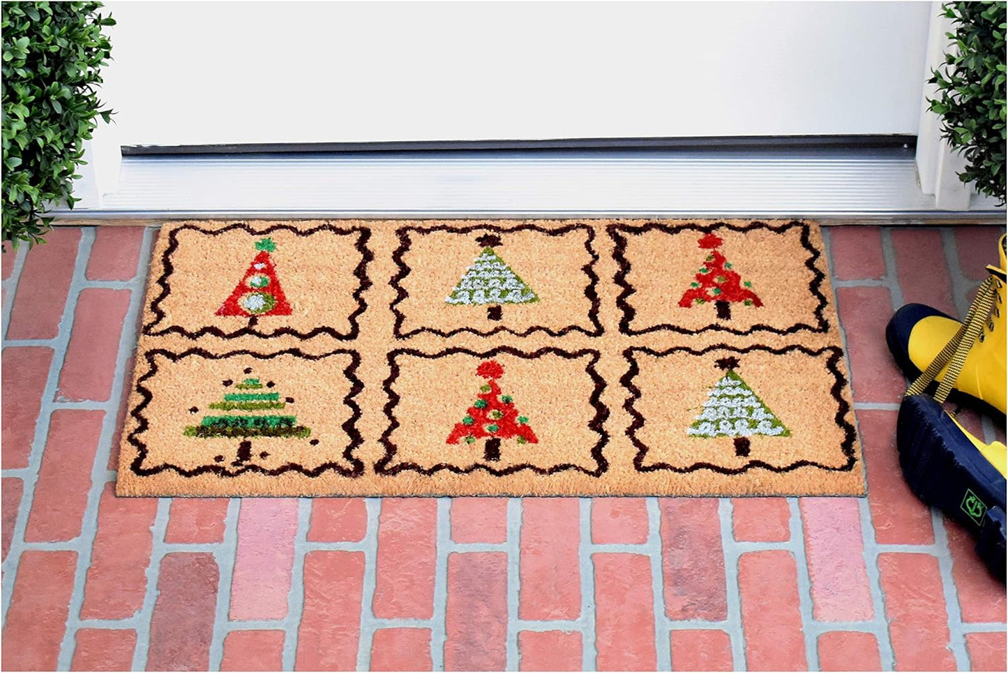 17" X 29" Natural Red and Black Coir Christmas Trees Outdoor Christmas Door Mat