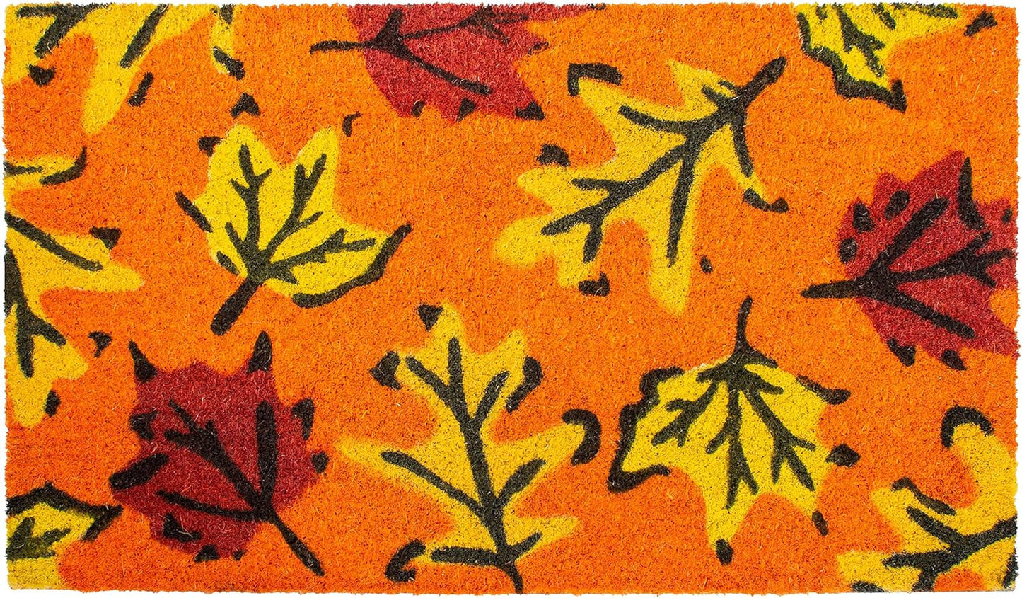 17" X 29" Orange Black and Yellow Coir Leaves Outdoor Fall Door Mat