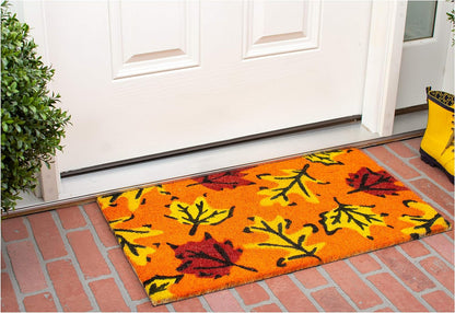 17" X 29" Orange Black and Yellow Coir Leaves Outdoor Fall Door Mat