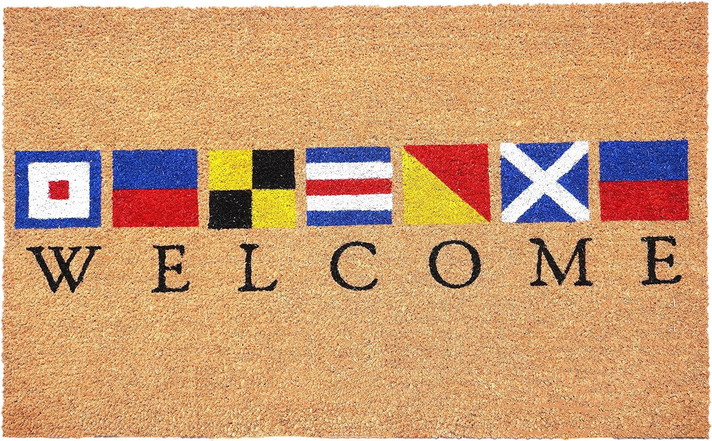 17" X 29" Natural Blue and Red Coir Nautical Flag Welcome Outdoor Door Mat