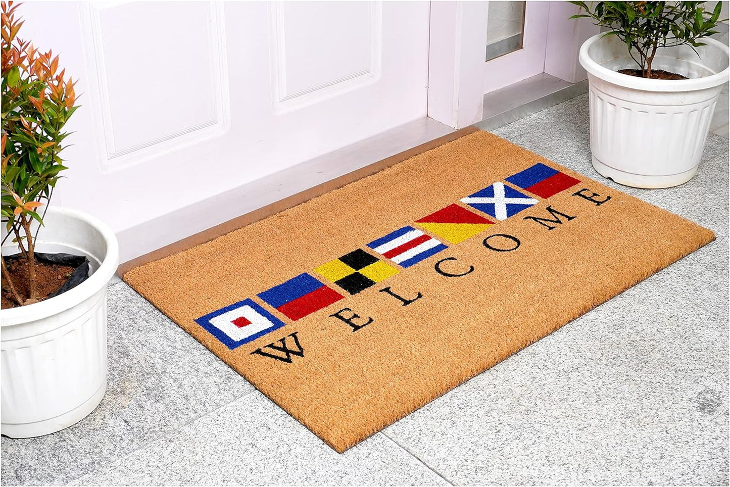 17" X 29" Natural Blue and Red Coir Nautical Flag Welcome Outdoor Door Mat