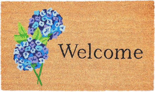 17" X 29" Natural and Blue Coir Floral Welcome Outdoor Door Mat