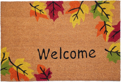 17" X 29" Natural Red and Yellow Coir Leaves Welcome Outdoor Fall Door Mat