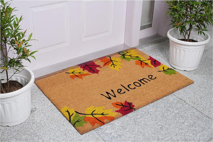 17" X 29" Natural Red and Yellow Coir Leaves Welcome Outdoor Fall Door Mat