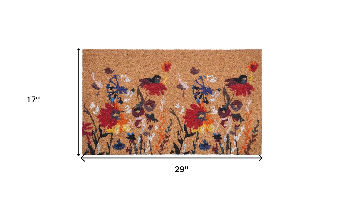 17" X 29" Natural Red and Yellow Coir Floral Outdoor Door Mat