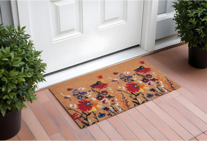 17" X 29" Natural Red and Yellow Coir Floral Outdoor Door Mat