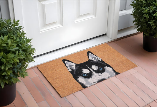 24" X 36" Natural Black and White Coir Siberian Husky Outdoor Door Mat