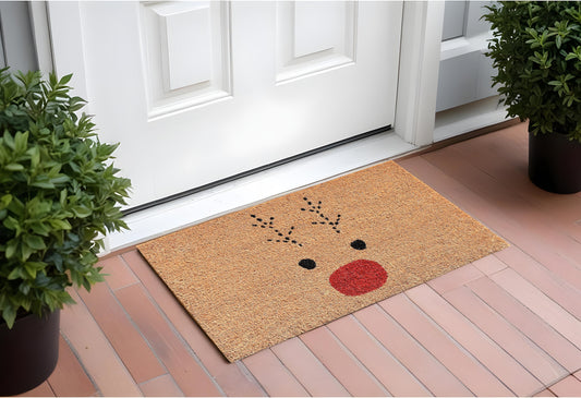 17" X 29" Natural Black and Red Coir Reindeer Outdoor Christmas Door Mat