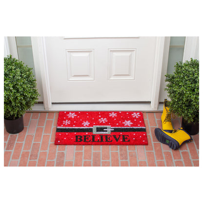 17" X 29" Red Black and White Coir Snowflake Believe Outdoor Christmas Door Mat